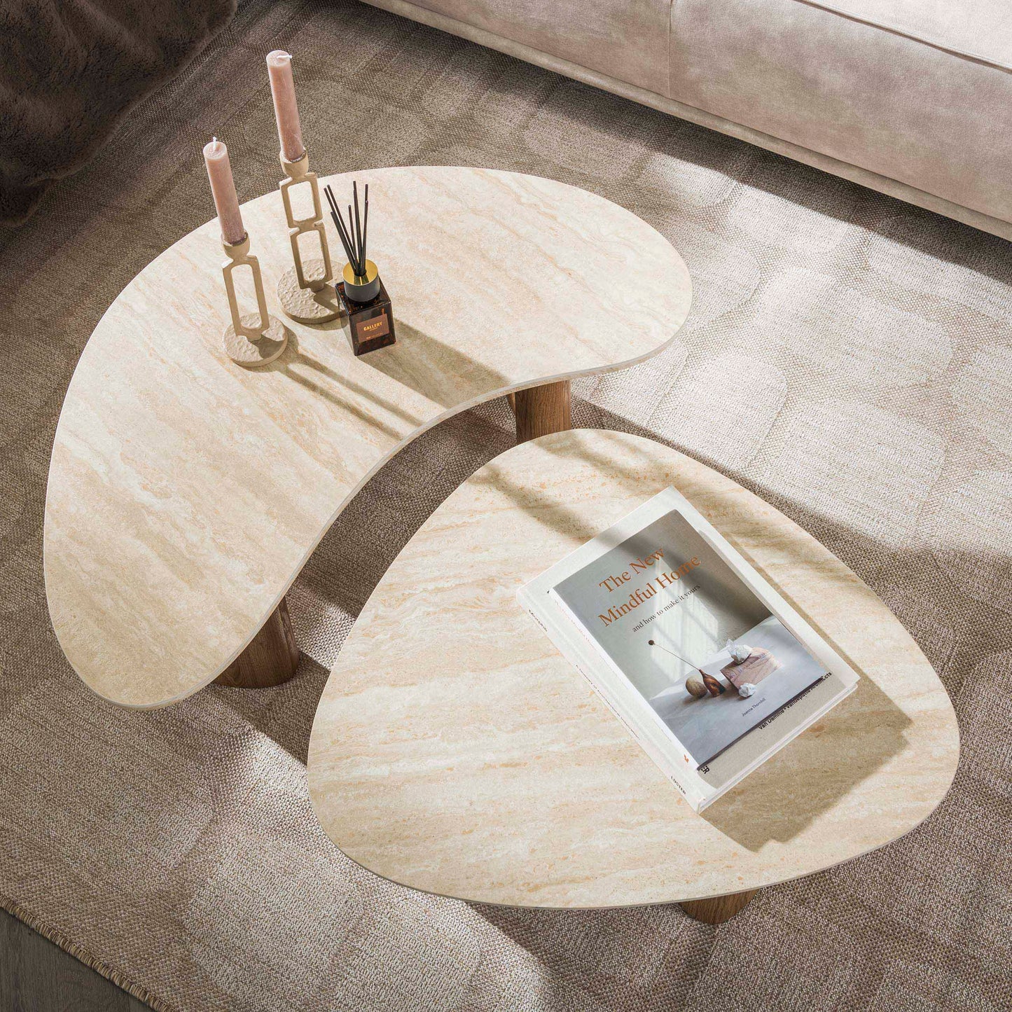 Couchtisch-Set ROMANO FLUIDO Organische Puzzle-Satztische in Travertin-Optik
