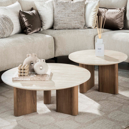 Couchtisch-Set ROMANO SCULTURA 2-teilige runde Satztische mit skulpturalen Panel-Beinen