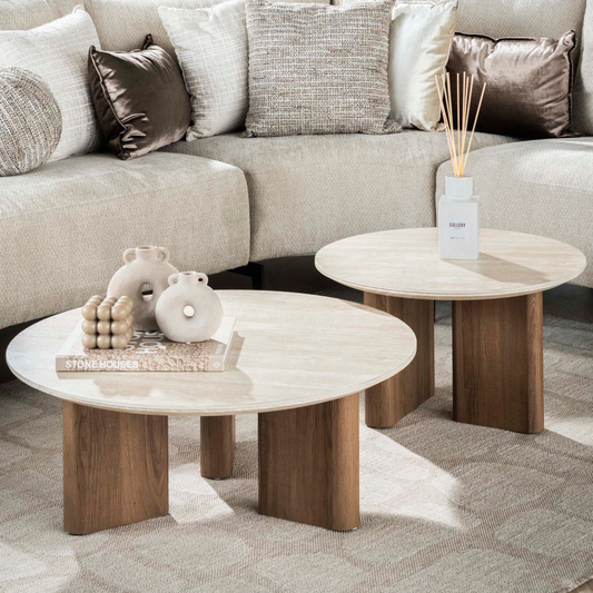 Couchtisch-Set ROMANO SCULTURA 2-teilige runde Satztische mit skulpturalen Panel-Beinen