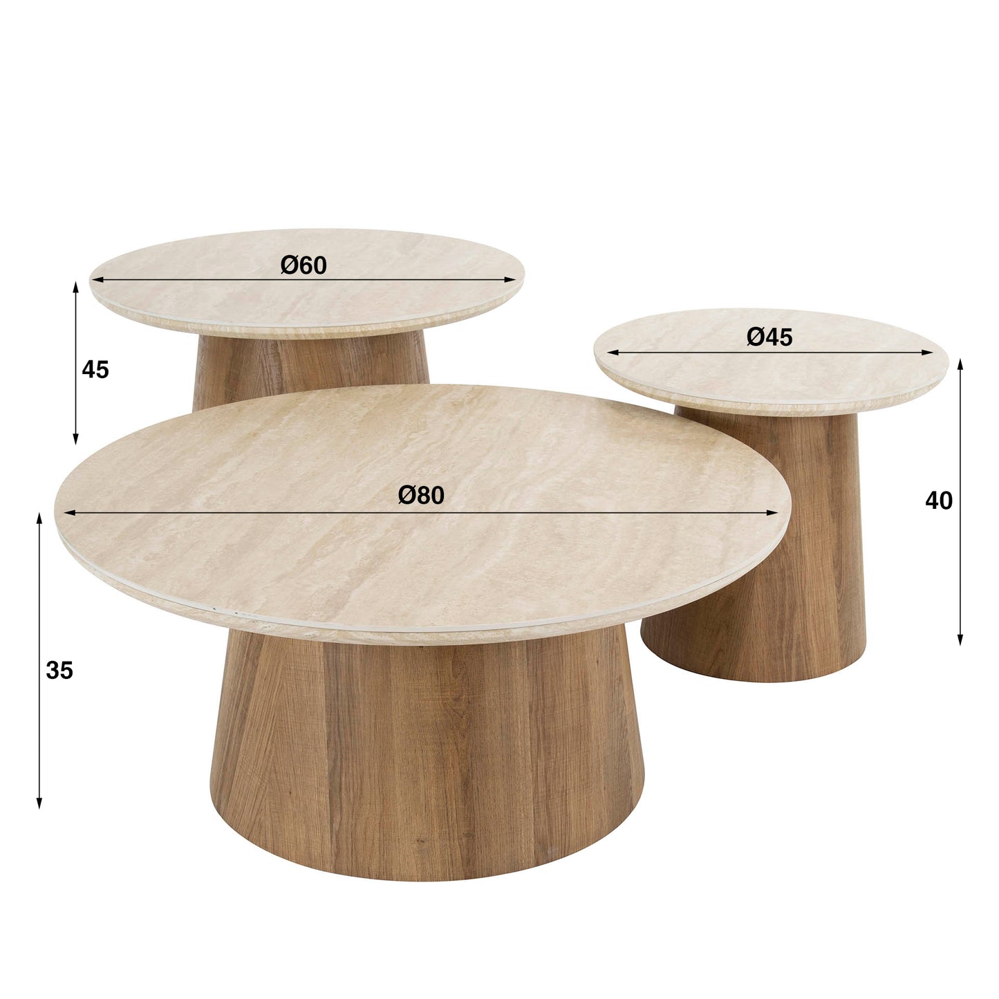 Couchtisch-Set ROMANO CIRCOLO 3-teilige runde Satztische in Travertin-Optik