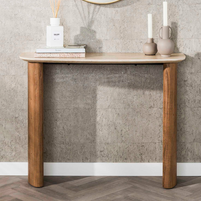 Konsolentisch ROMANO CURVO Halbrundes Design-Statement mit Travertin-Keramik & Eichenoptik 100 cm