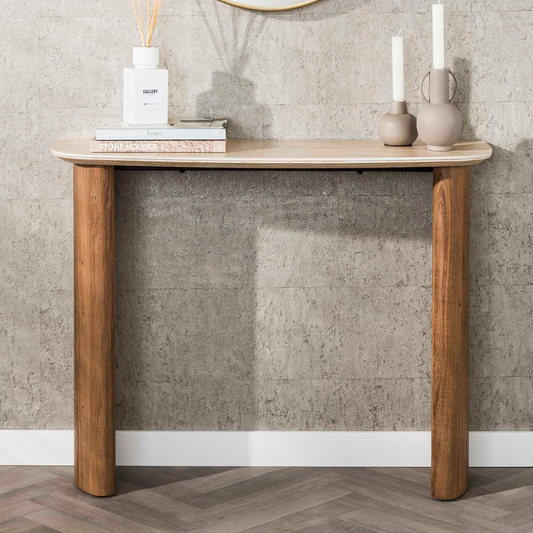 Konsolentisch ROMANO CURVO Halbrundes Design-Statement mit Travertin-Keramik & Eichenoptik 100 cm