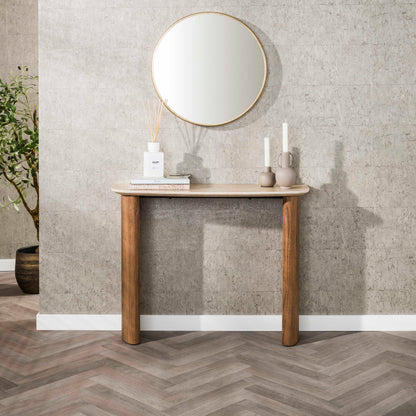 Konsolentisch ROMANO CURVO Halbrundes Design-Statement mit Travertin-Keramik & Eichenoptik 100 cm