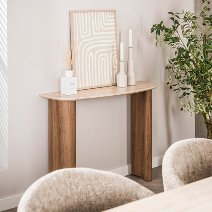 Konsolentisch ROMANO CURVO Halbrundes Design-Statement mit Travertin-Keramik & Eichenoptik 100 cm