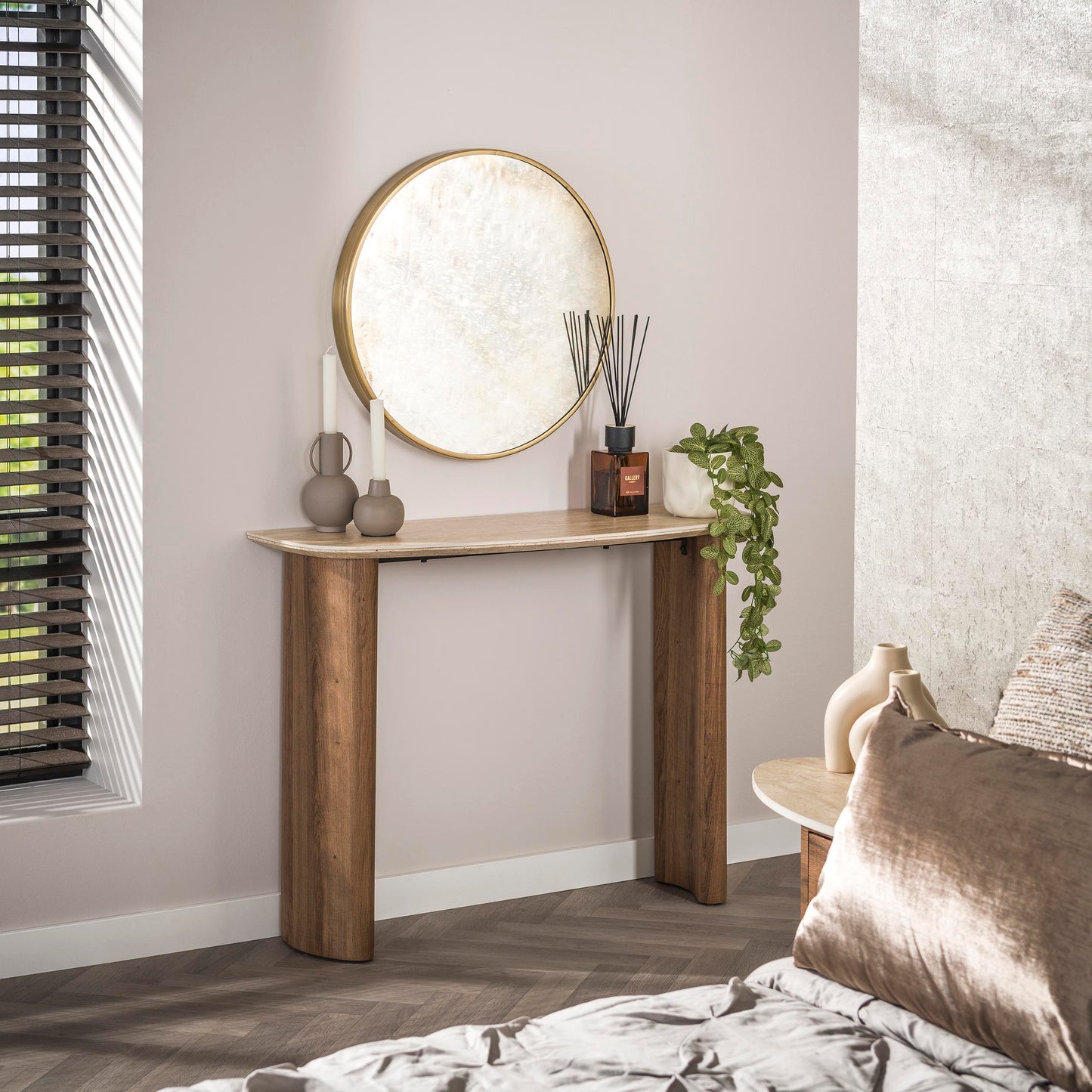 Konsolentisch ROMANO CURVO Halbrundes Design-Statement mit Travertin-Keramik & Eichenoptik 100 cm