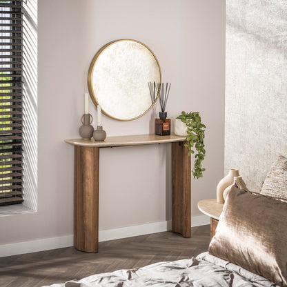Konsolentisch ROMANO CURVO Halbrundes Design-Statement mit Travertin-Keramik & Eichenoptik 100 cm