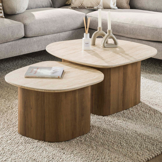 Couchtisch-Set ROMANO CIOTTOLO Organische Kiesel-Satztische in Travertin-Optik