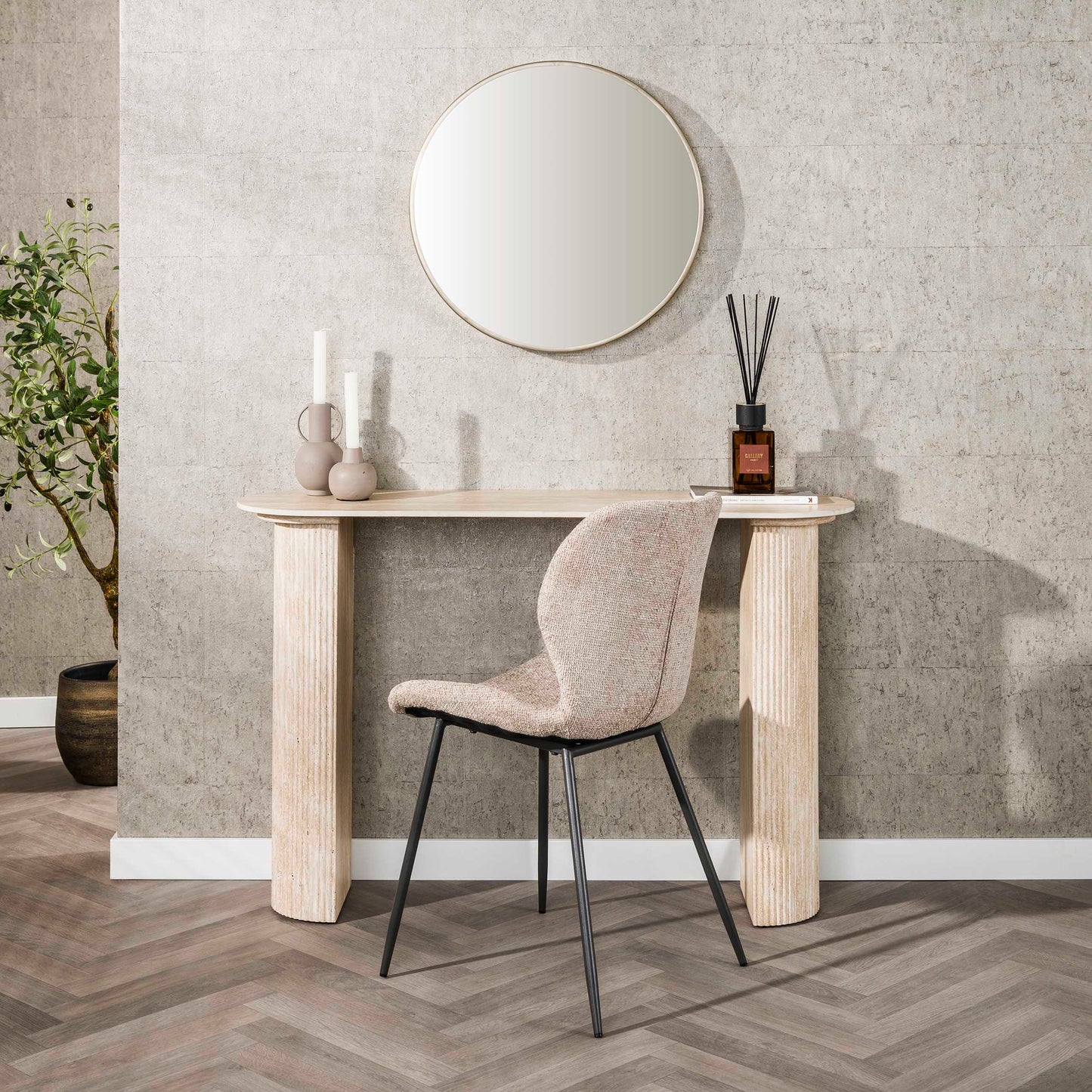 Konsolentisch ROMANO ARCH Monolithisches Design mit Rillen-Säulen & Travertin-Keramik 120 cm