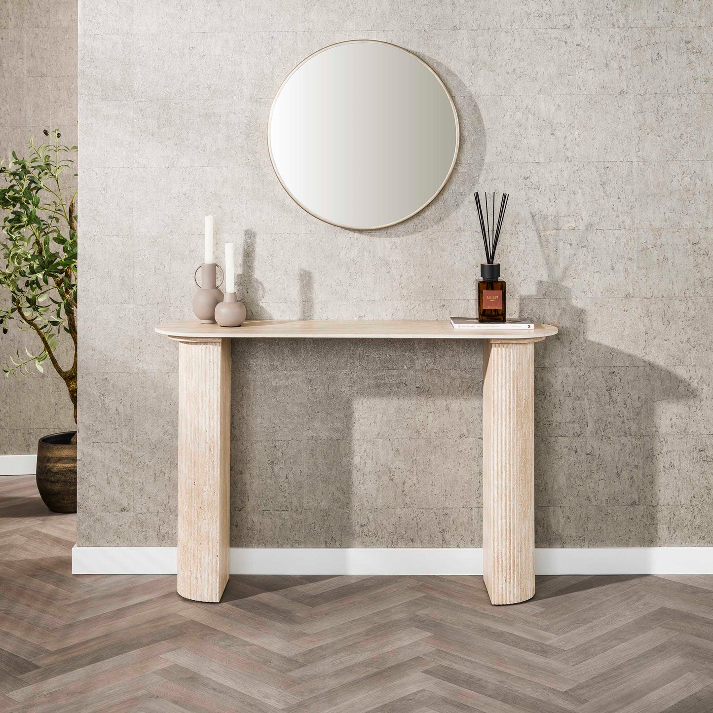 Konsolentisch ROMANO ARCH Monolithisches Design mit Rillen-Säulen & Travertin-Keramik 120 cm