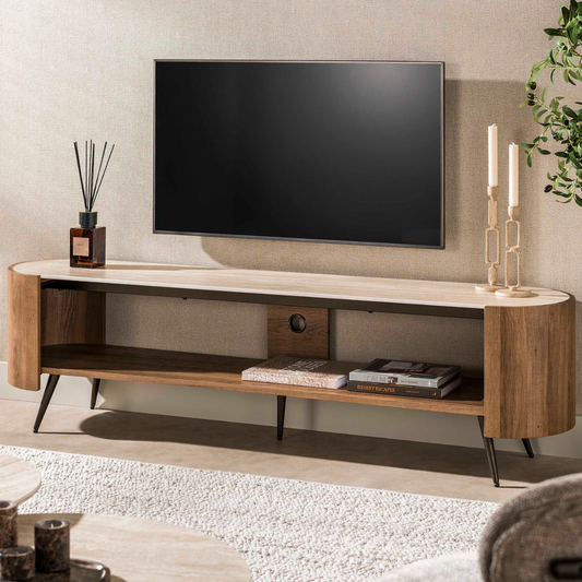 TV-Schrank PONTE Lounge-Lowboard mit Travertin-Keramikplatte Bronze-Beinen