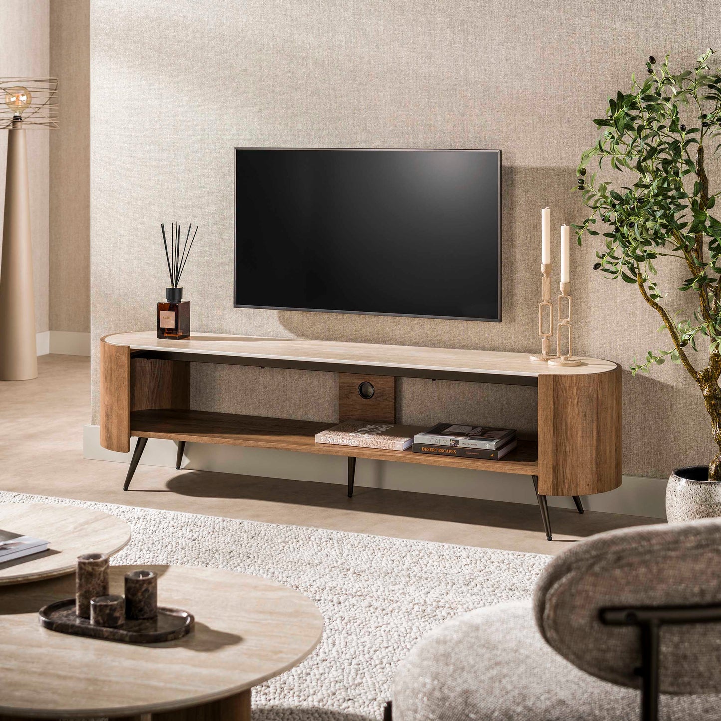 TV-Schrank PONTE Lounge-Lowboard mit Travertin-Keramikplatte Bronze-Beinen
