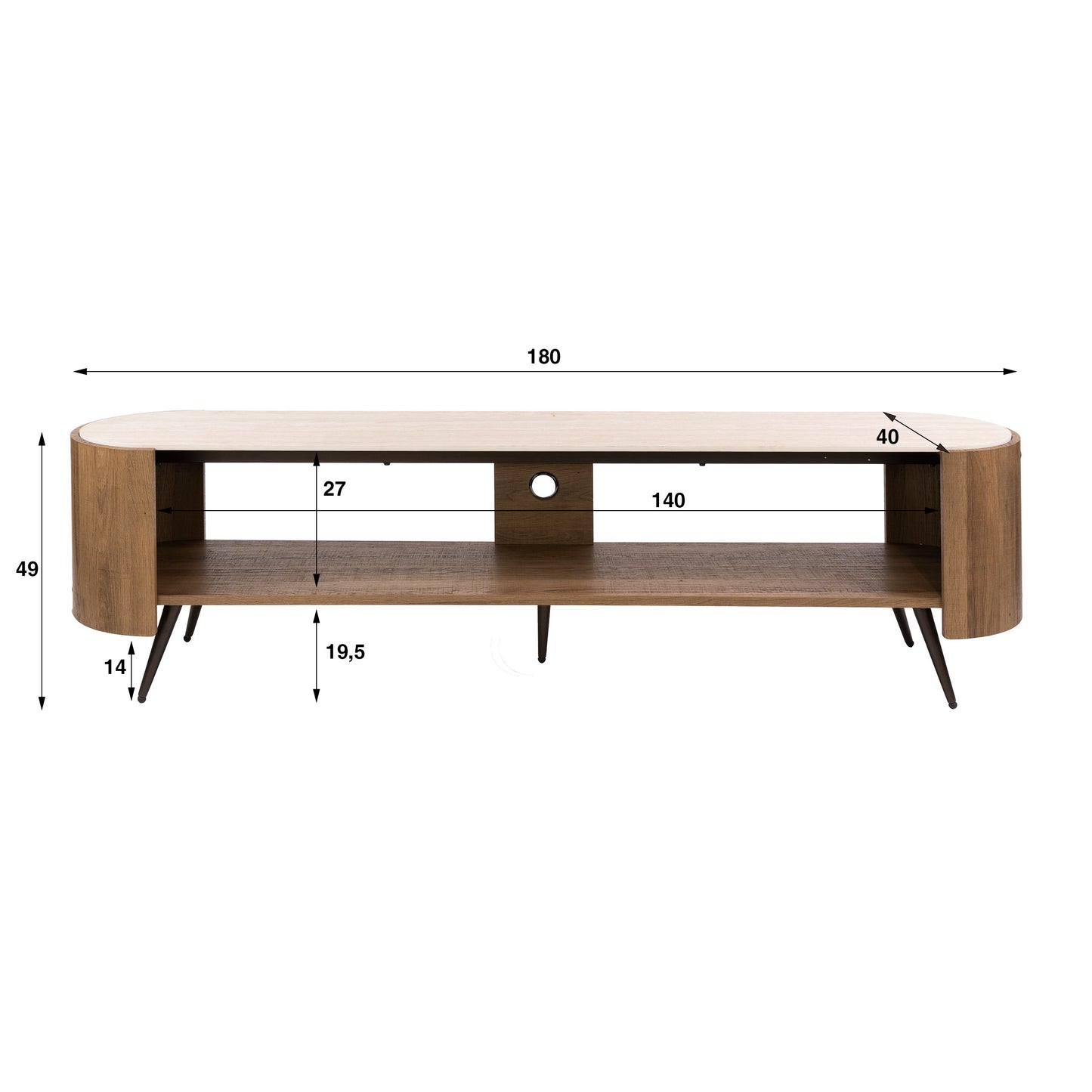 TV-Schrank PONTE Lounge-Lowboard mit Travertin-Keramikplatte Bronze-Beinen