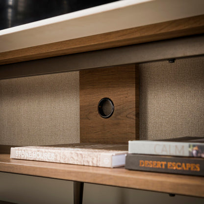 TV-Schrank PONTE Lounge-Lowboard mit Travertin-Keramikplatte Bronze-Beinen