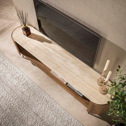 TV-Schrank PONTE Lounge-Lowboard mit Travertin-Keramikplatte Bronze-Beinen