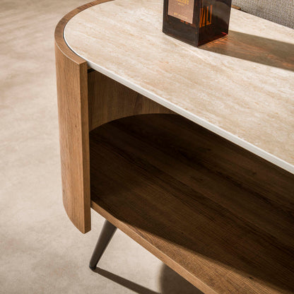 TV-Schrank PONTE Lounge-Lowboard mit Travertin-Keramikplatte Bronze-Beinen