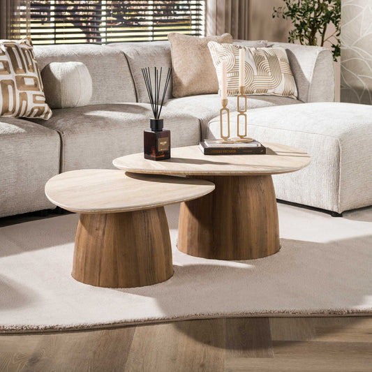 Couchtisch-Set ROMANO 2-teiliges Lounge-Set mit organischen Keramikplatten in Travertin-Optik & Eichenholz-Dekor