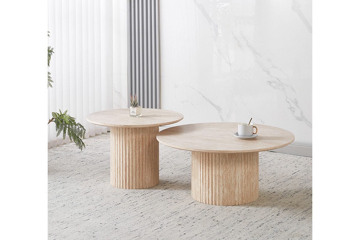 Couchtisch Set Premium TIVOLI in edler Travertin-Optik geriffelte Säulenbeinen  Ø 80x36cm, Ø 60x42cm