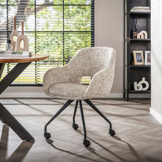 Armlehnstuhl SPRING ROLLEN Drehbarer Esszimmerstuhl mit Nosag-Federung & Slub-Gewebe Creme