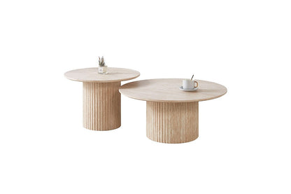Couchtisch Set Premium TIVOLI in edler Travertin-Optik geriffelte Säulenbeinen  Ø 80x36cm, Ø 60x42cm