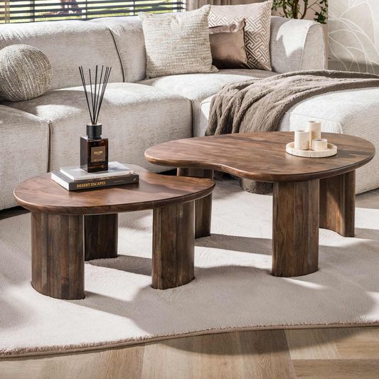 Couchtisch Set ONDA 2tlg. Massivholz Duo in organischer Form Akazie 76x99x41,5cm 74,5x61x35,5cm