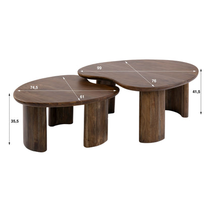 Couchtisch Set ONDA 2tlg. Massivholz Duo in organischer Form Akazie 76x99x41,5cm 74,5x61x35,5cm