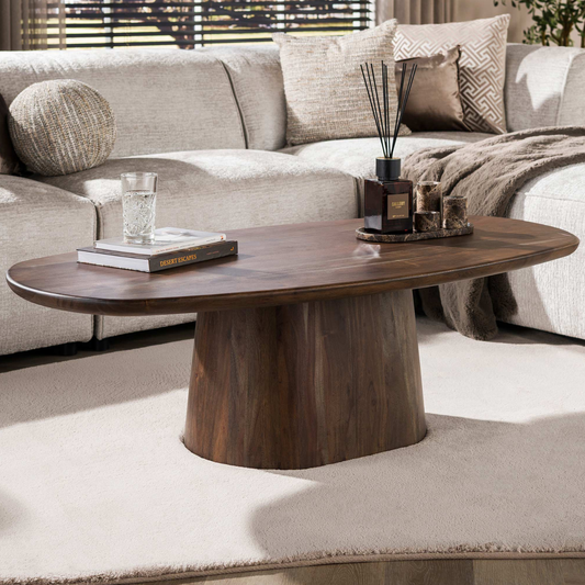 Couchtisch CENTRAL Ovaler Massivholz-Tisch mit zentralem Säulenfuß