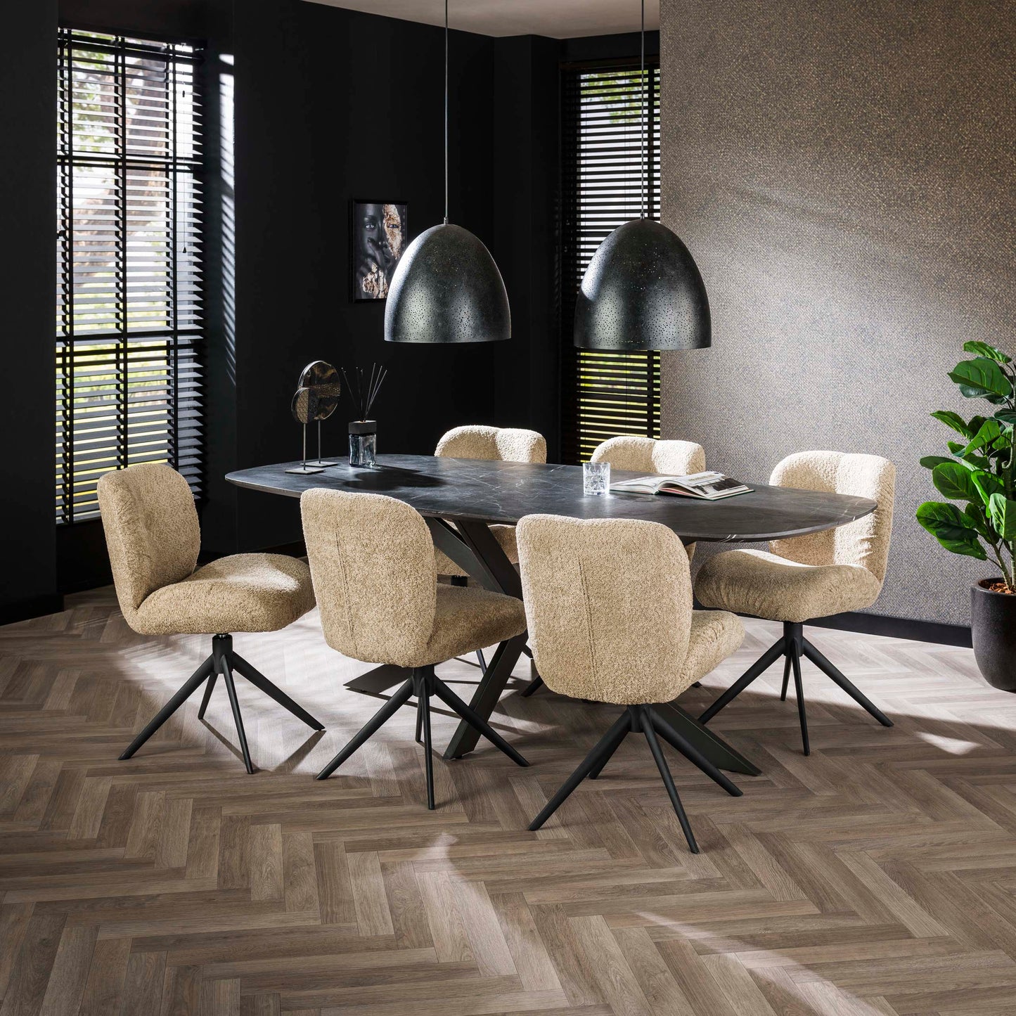 Esstisch ONYX CROCE GRANDE XXL Dänisch-Ovaler Tisch in dunkler Graphit-Steinoptik