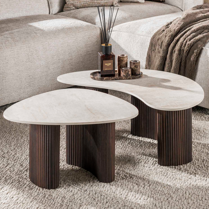 Couchtisch-Set CERAMO ONDA Organische Puzzle-Satztische mit Rillen-Gestell & Taj Mahal Keramik