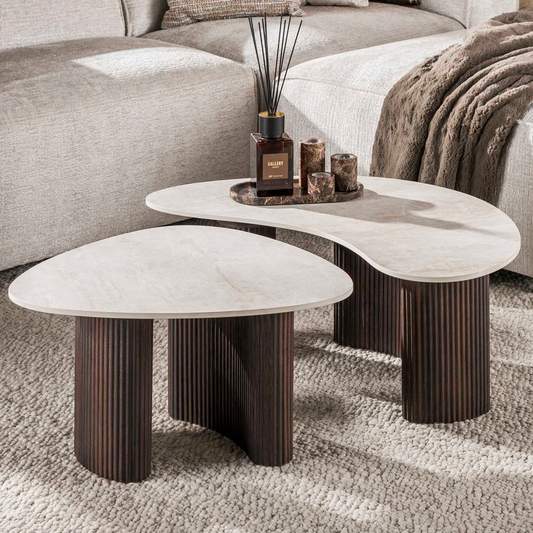 Couchtisch-Set CERAMO ONDA Organische Puzzle-Satztische mit Rillen-Gestell & Taj Mahal Keramik