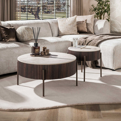 Couchtisch-Set CERAMO 2-teiliges Rundtisch-Set mit 3D-Keramikplatte & Wellen-Dekor 80 cm