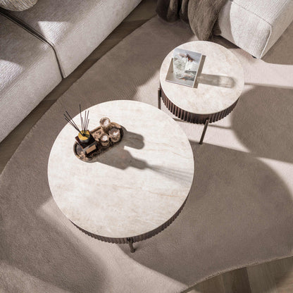 Couchtisch-Set CERAMO 2-teiliges Rundtisch-Set mit 3D-Keramikplatte & Wellen-Dekor 80 cm