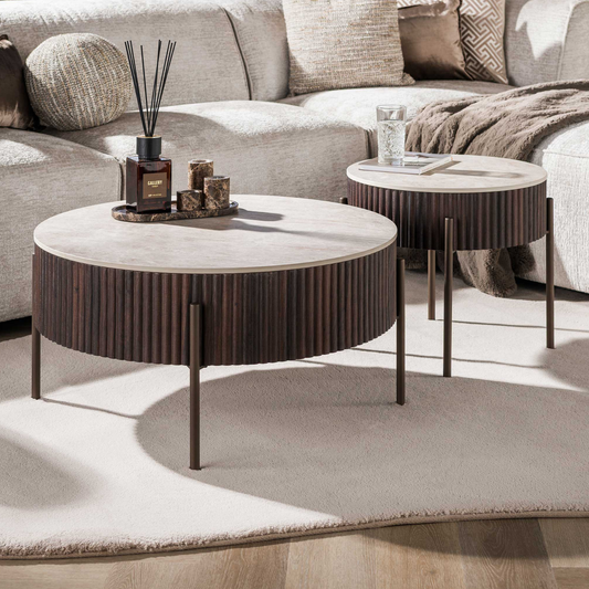 Couchtisch-Set CERAMO 2-teiliges Rundtisch-Set mit 3D-Keramikplatte & Wellen-Dekor 80 cm