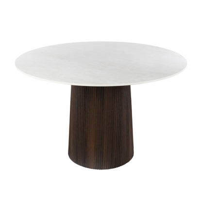 Esstisch CERAMO CENTRO Runder Premium-Tisch mit 3D-Keramikplatte & Rillen-Säule Dunkelbraun, Ø 120 cm