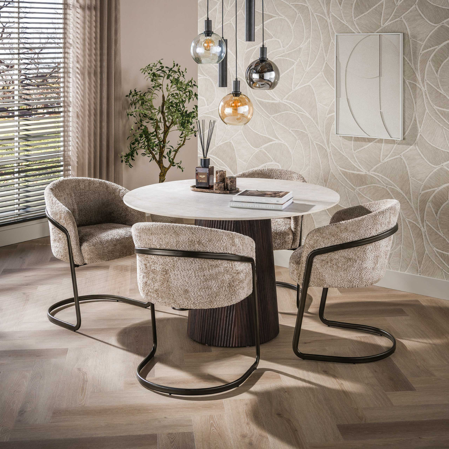 Esstisch CERAMO CENTRO Runder Premium-Tisch mit 3D-Keramikplatte & Rillen-Säule Dunkelbraun, Ø 120 cm