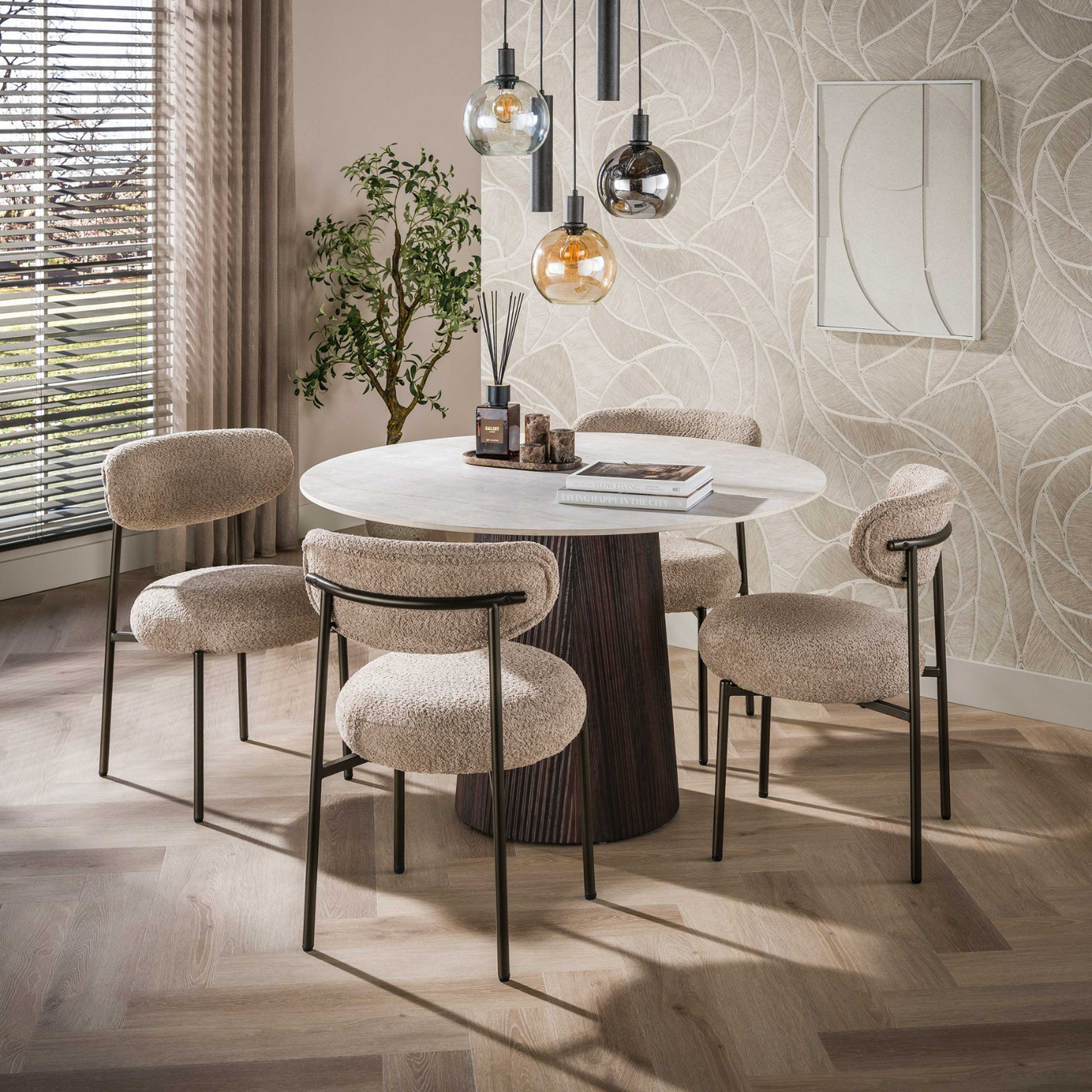 Esstisch CERAMO CENTRO Runder Premium-Tisch mit 3D-Keramikplatte & Rillen-Säule Dunkelbraun, Ø 120 cm