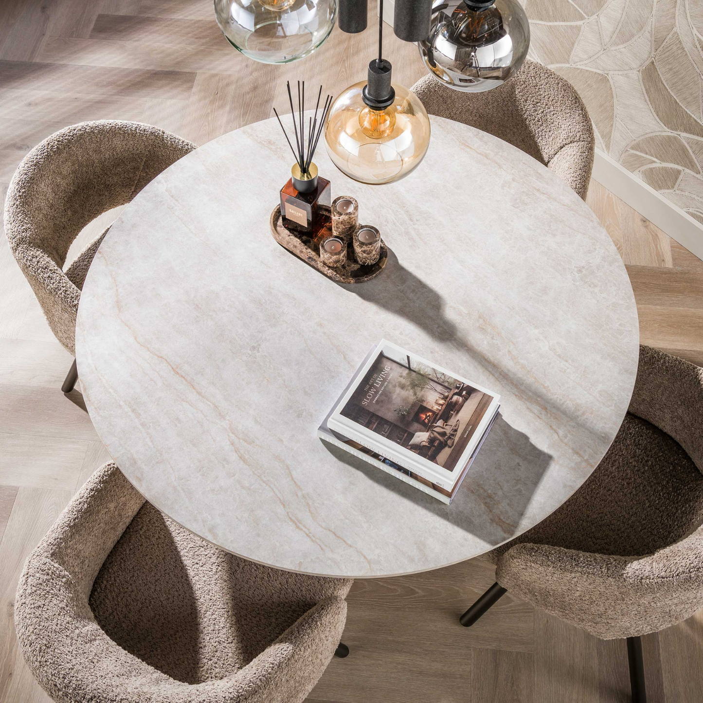 Esstisch CERAMO CENTRO Runder Premium-Tisch mit 3D-Keramikplatte & Rillen-Säule Dunkelbraun, Ø 120 cm