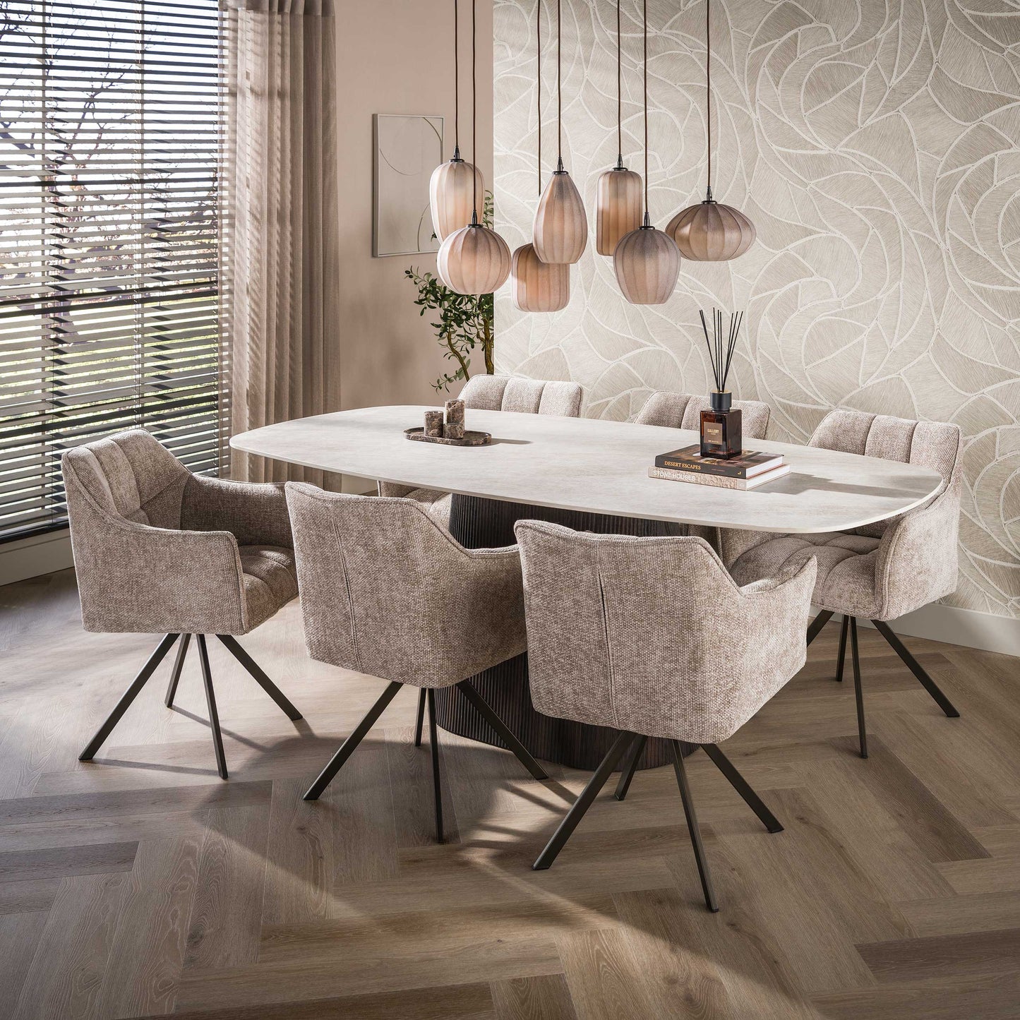 Esstisch CERAMO CENTO Dänisch ovaler Premium-Tisch mit 3D-Keramikplatte & Rillen-Säule 215 cm