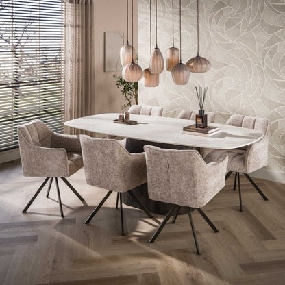 Esstisch CERAMO CENTO Dänisch ovaler Premium-Tisch mit 3D-Keramikplatte & Rillen-Säule 215 cm