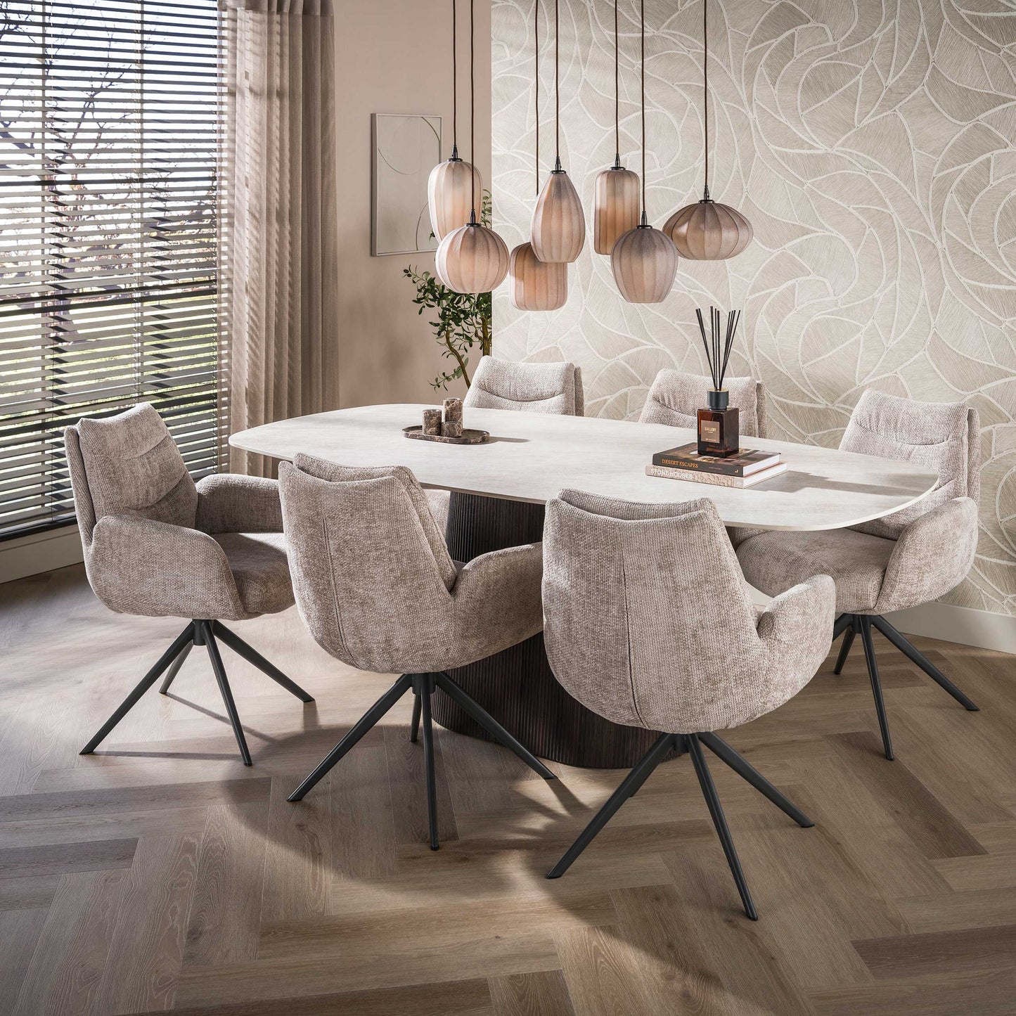 Esstisch CERAMO CENTO Dänisch ovaler Premium-Tisch mit 3D-Keramikplatte & Rillen-Säule 215 cm