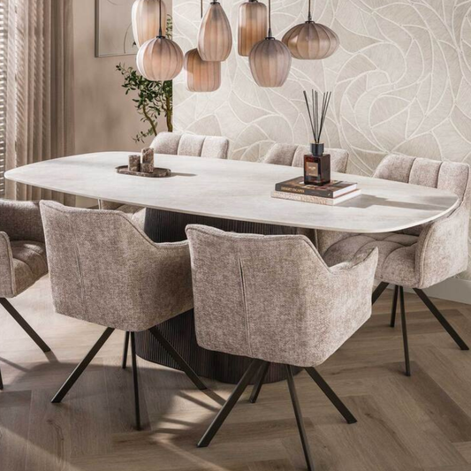Esstisch CERAMO CENTO Dänisch ovaler Premium-Tisch mit 3D-Keramikplatte & Rillen-Säule 215 cm