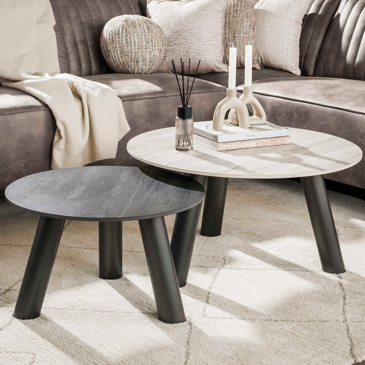 Couchtisch-Set TWIN BICOLORE CIRCOLO Runde Satztische in 3D-Keramik Grau & Anthrazit
