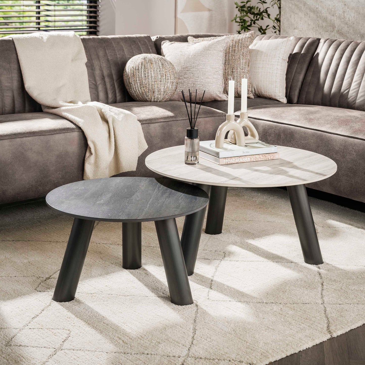 Couchtisch-Set TWIN BICOLORE CIRCOLO Runde Satztische in 3D-Keramik Grau & Anthrazit