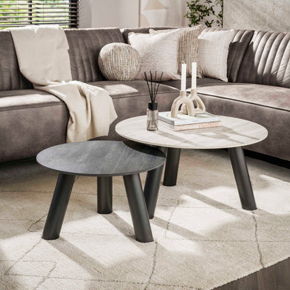 Couchtisch-Set TWIN BICOLORE CIRCOLO Runde Satztische in 3D-Keramik Grau & Anthrazit