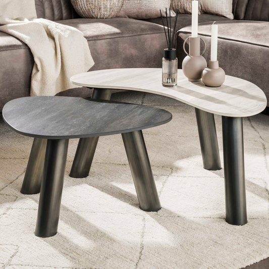 Couchtisch-Set TWIN BICOLORE Organische Satztische in 3D-Keramik (Grau & Anthrazit)