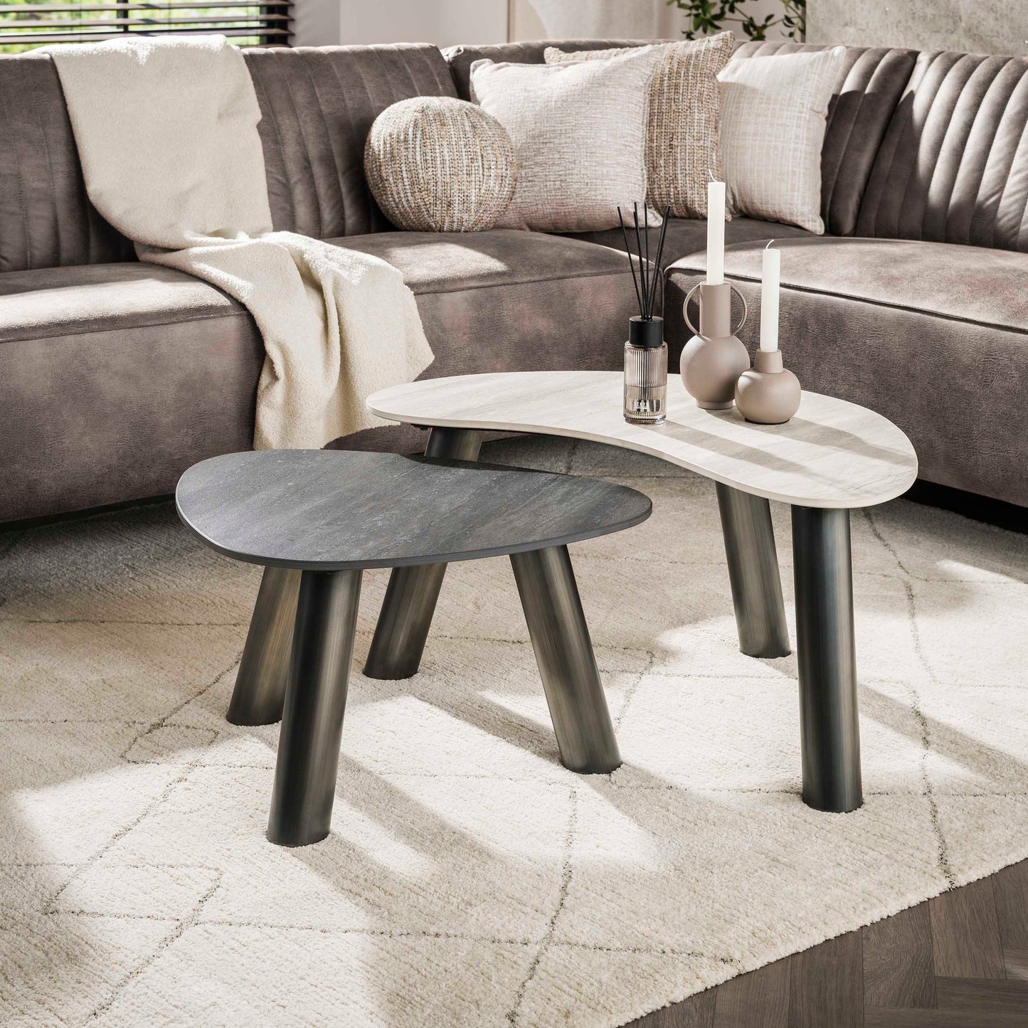 Couchtisch-Set TWIN BICOLORE Organische Satztische in 3D-Keramik (Grau & Anthrazit)