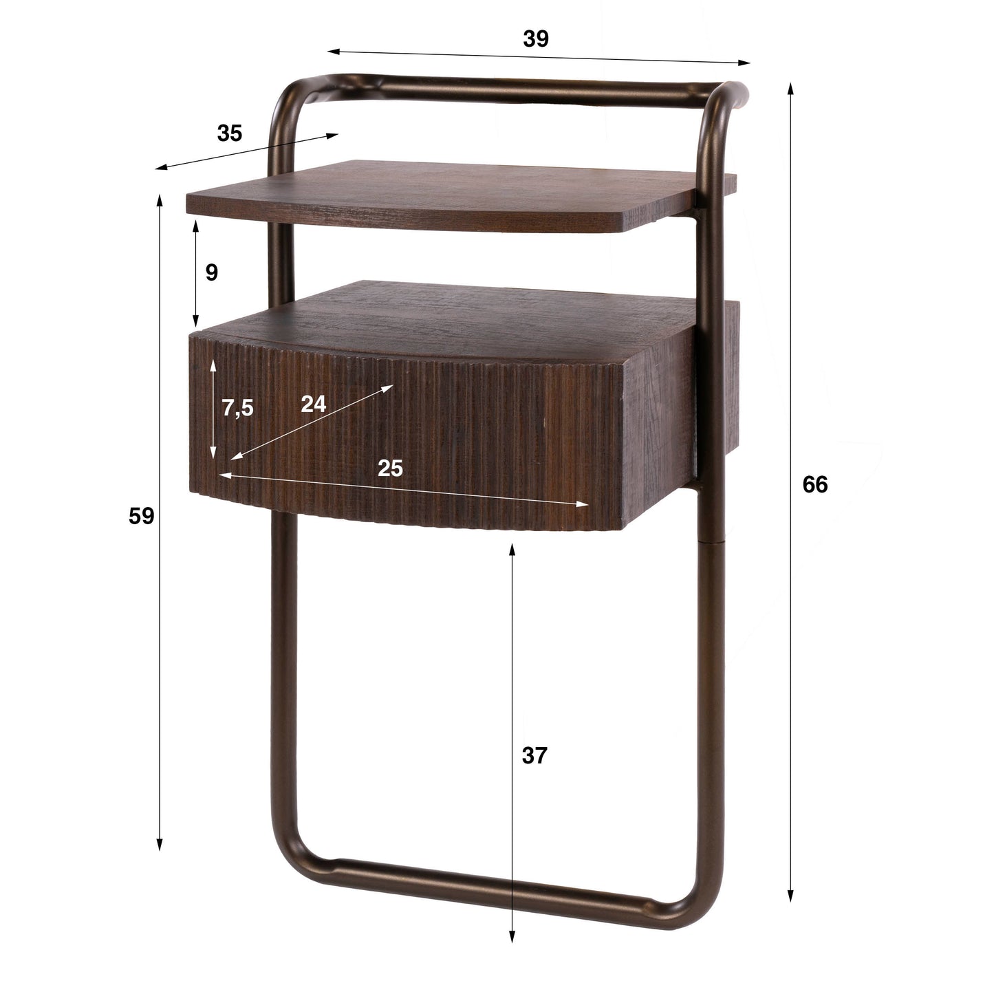 Nachttisch BEND 3D-OAK Schwebende Rohrrahmen-Konsole mit Rillen-Schublade 39 cm