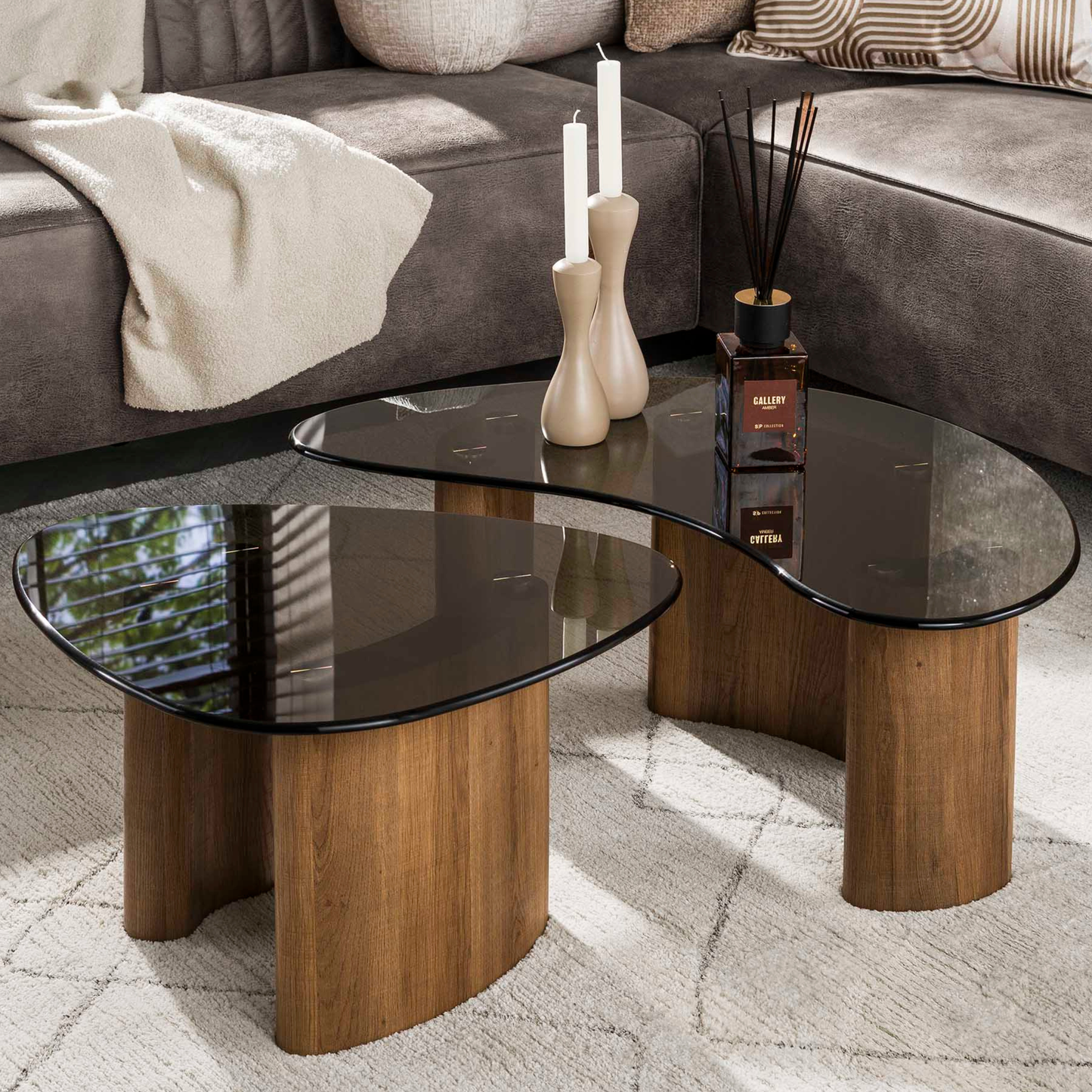 Couchtisch-Set TINTO BRONZO Organische Satztische mit Rauchglas und Holzsockel