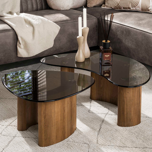 Couchtisch-Set TINTO BRONZO Organische Satztische mit Rauchglas und Holzsockel