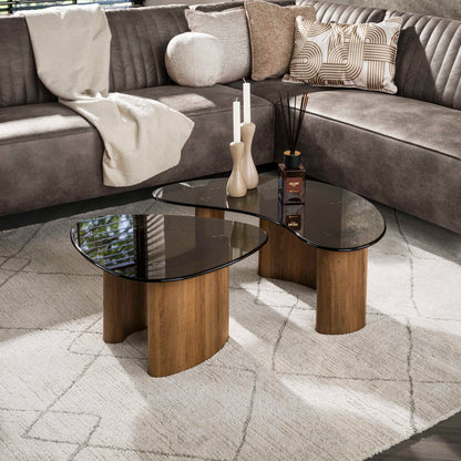 Couchtisch-Set TINTO BRONZO Organische Satztische mit Rauchglas und Holzsockel