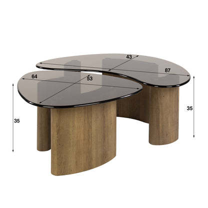 Couchtisch-Set TINTO BRONZO Organische Satztische mit Rauchglas und Holzsockel